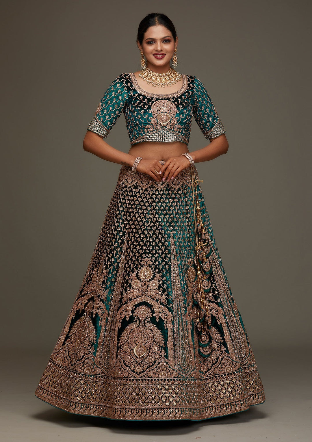 Rama Green Zariwork Velvet Designer Semi-Stitched Lehenga - Koskii