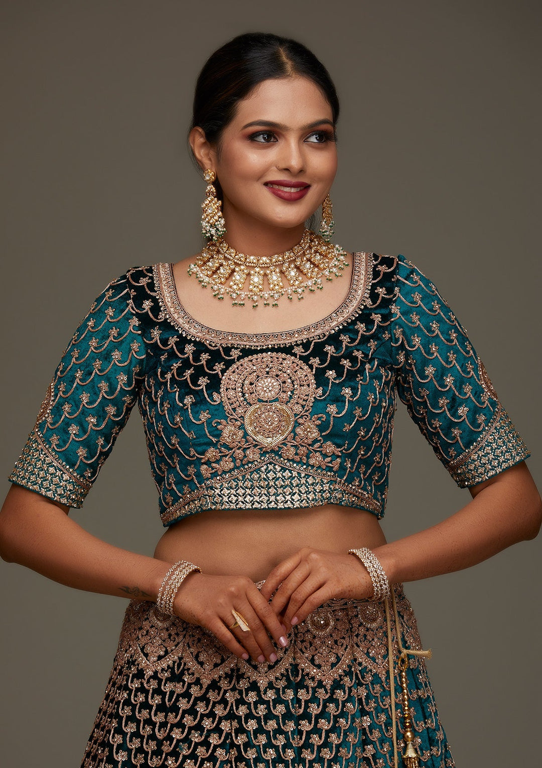 Rama Green Zariwork Velvet Designer Semi-Stitched Lehenga - Koskii