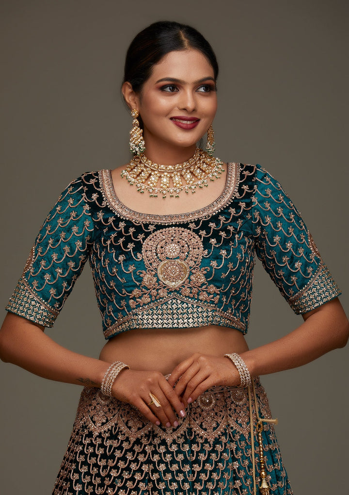 Rama Green Zariwork Velvet Designer Semi-Stitched Lehenga - Koskii