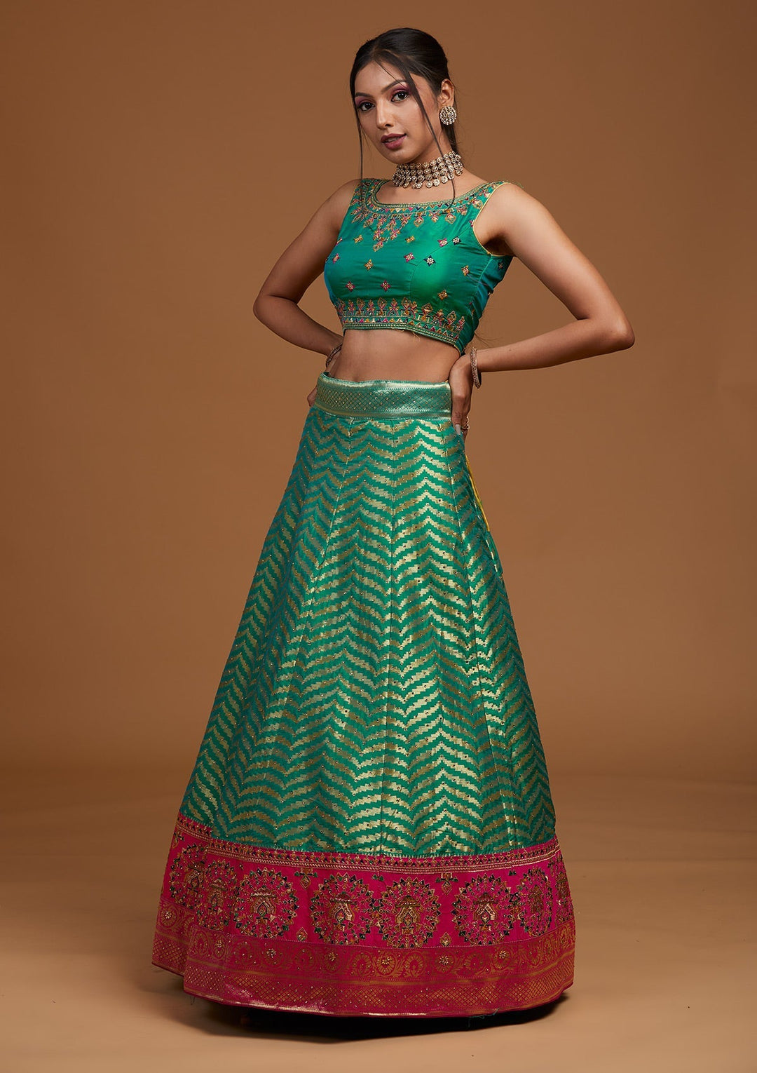 Rama Green Zariwork Raw Silk Designer Lehenga-Koskii