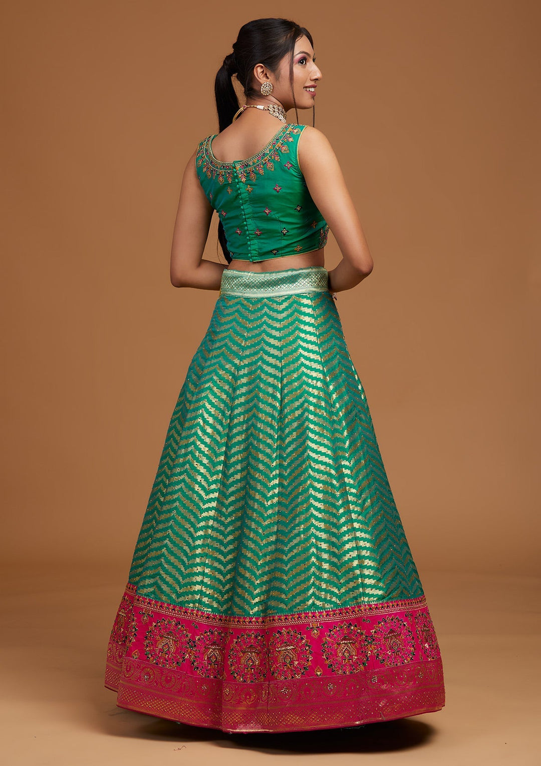 Rama Green Zariwork Raw Silk Designer Lehenga-Koskii