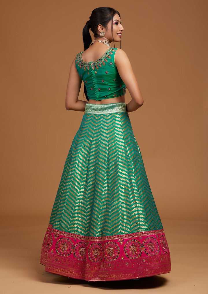 Rama Green Zariwork Raw Silk Designer Lehenga-Koskii
