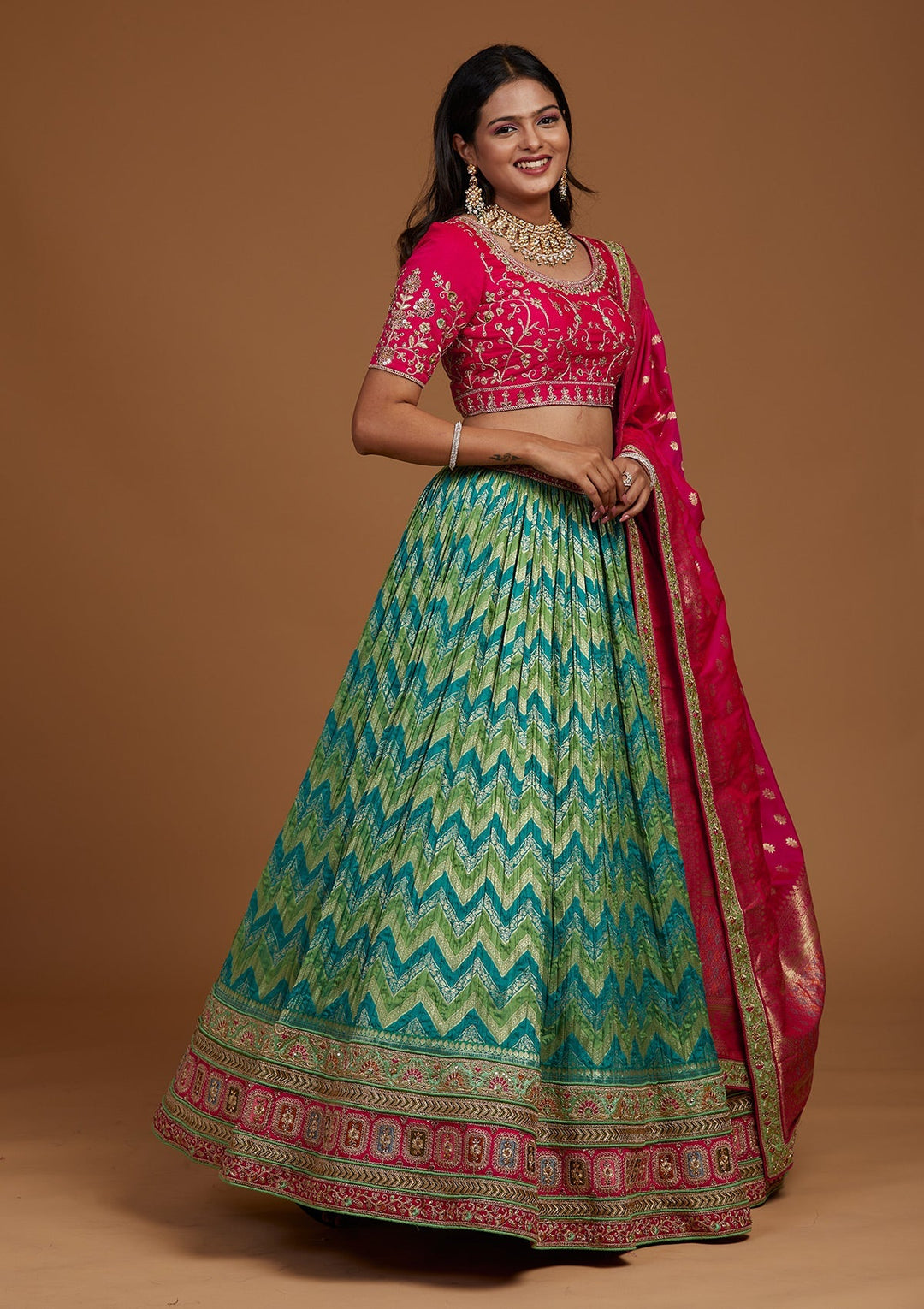 Rama Green Zariwork Raw Silk Designer Lehenga-Koskii