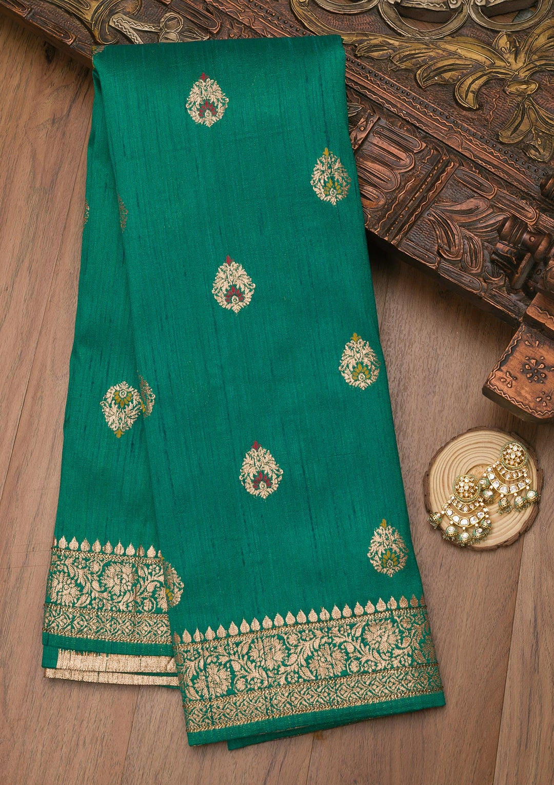Rama Green Zariwork Raw Silk Saree-Koskii
