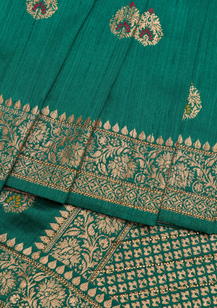 Rama Green Zariwork Raw Silk Saree-Koskii