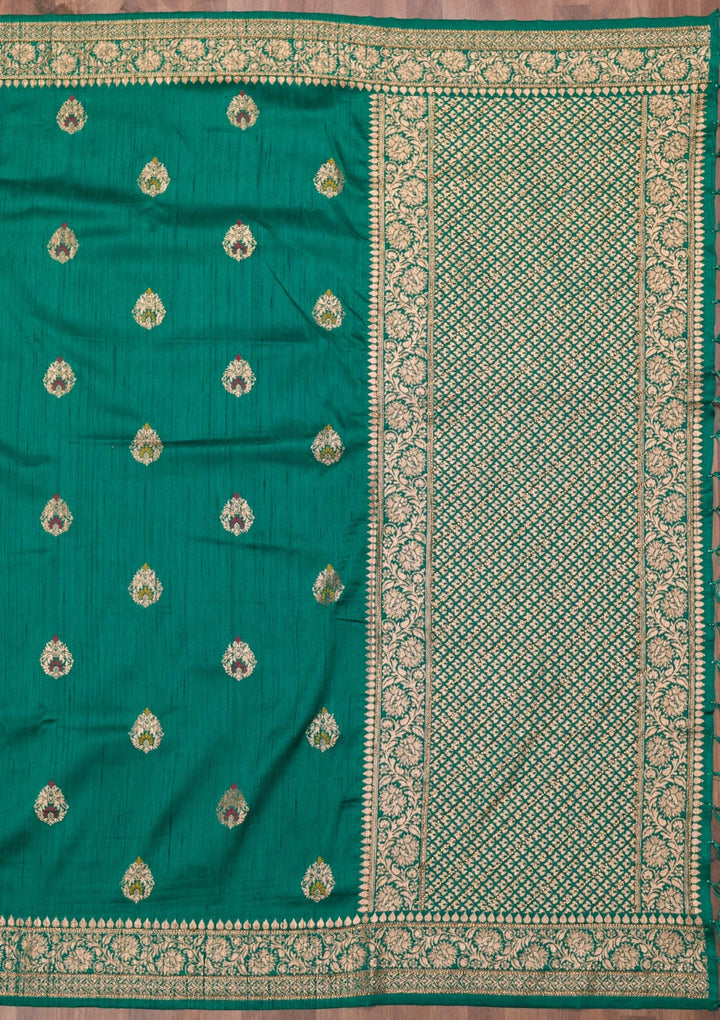 Rama Green Zariwork Raw Silk Saree-Koskii