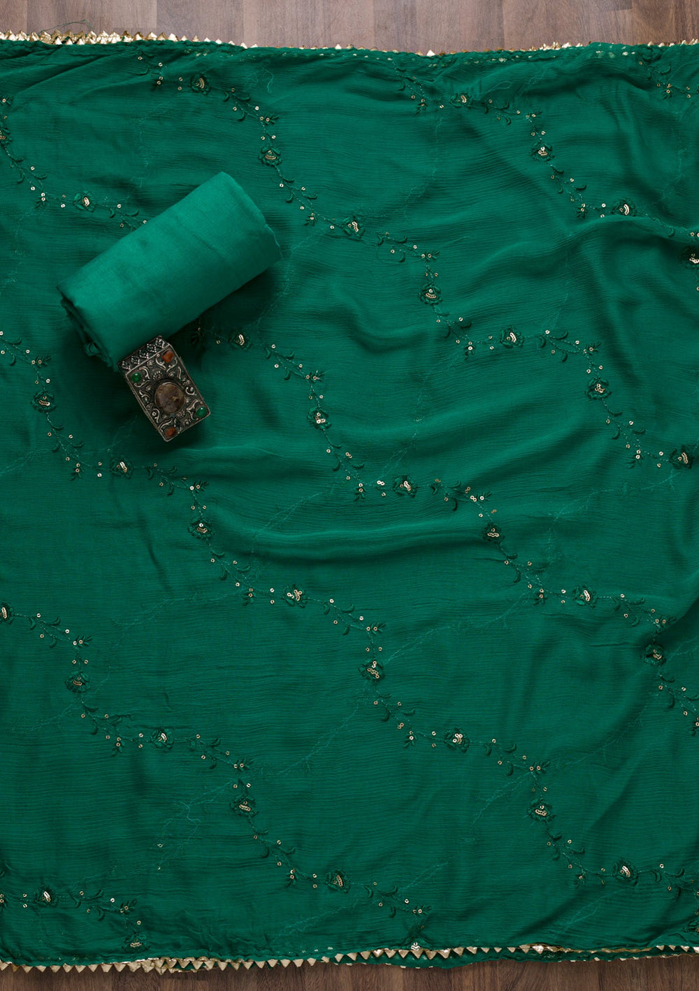 Rama Green Zariwork Semi Crepe Unstitched Salwar Suit-Koskii