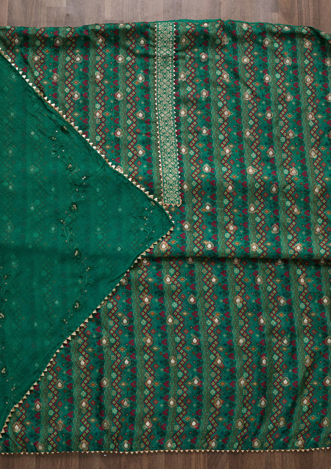 Rama Green Zariwork Semi Crepe Unstitched Salwar Suit-Koskii