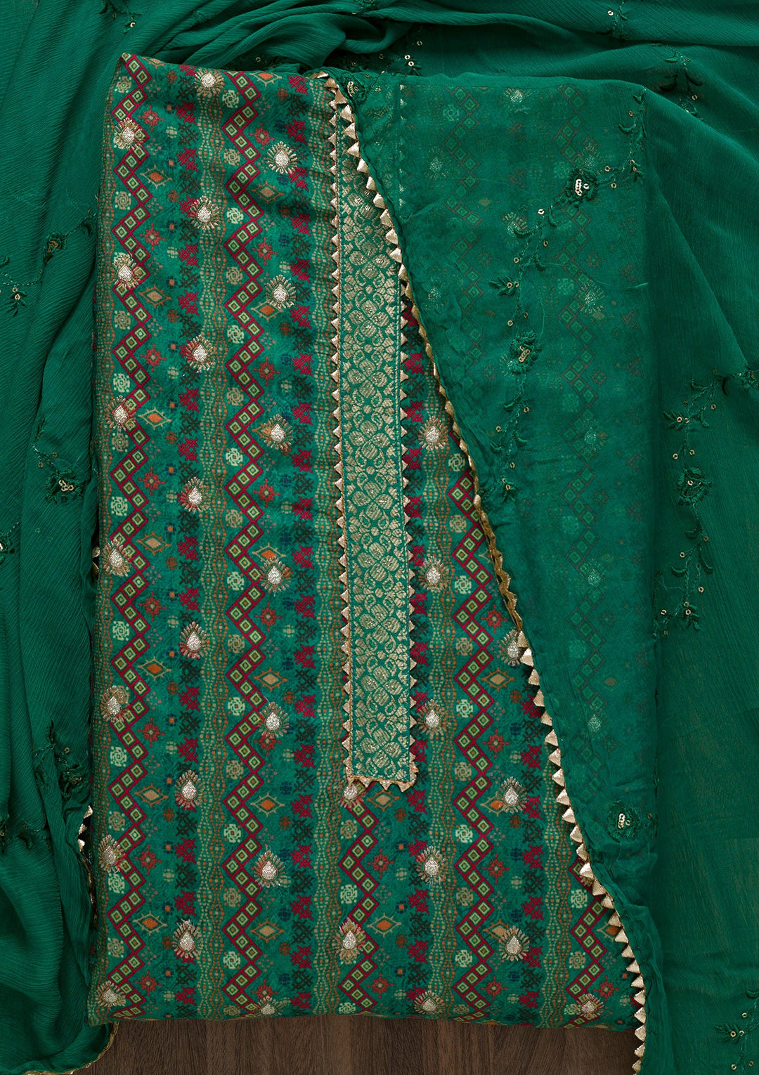 Rama Green Zariwork Semi Crepe Unstitched Salwar Suit-Koskii