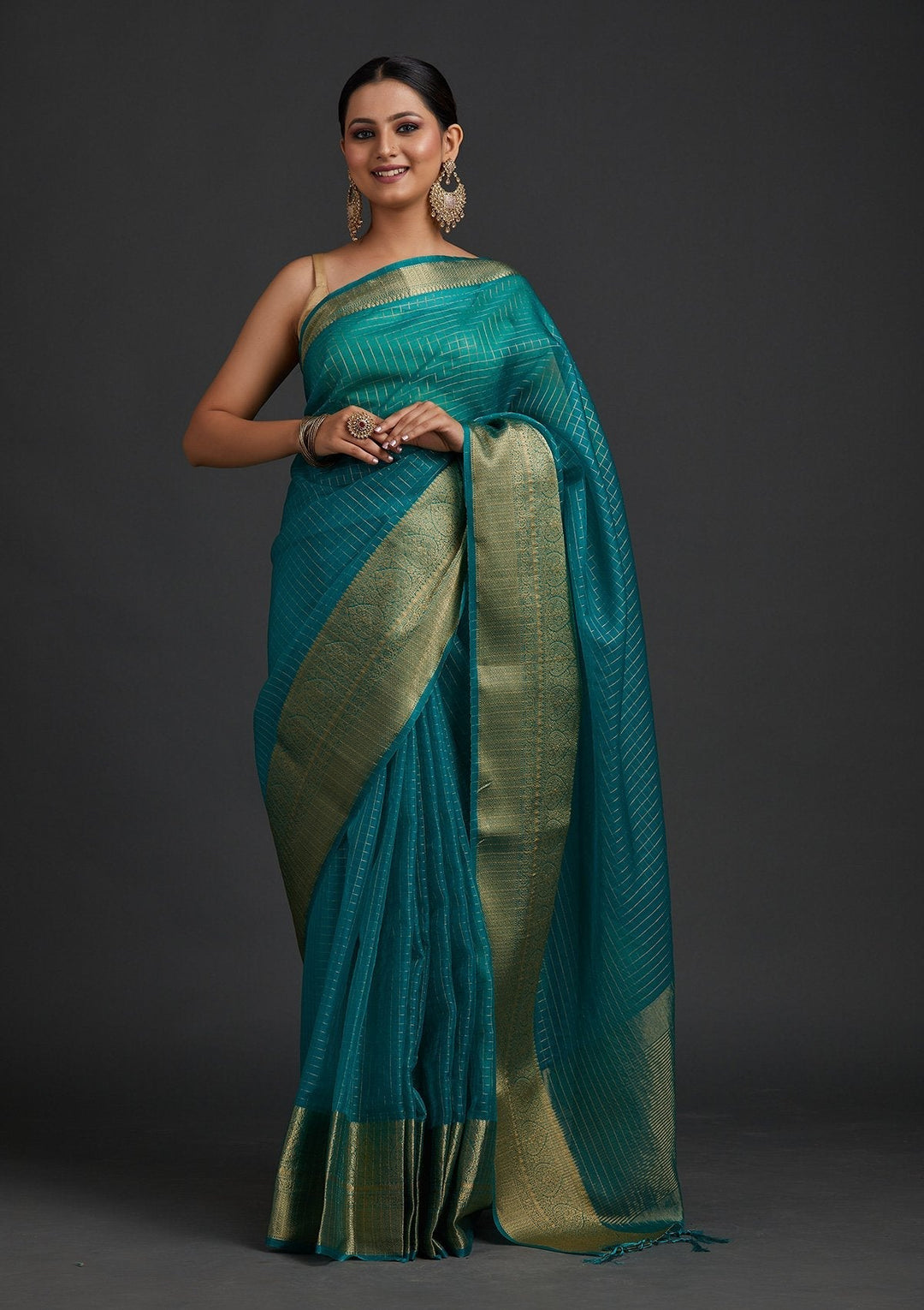 Rama Green Zariwork Tissue Designer Saree - koskii