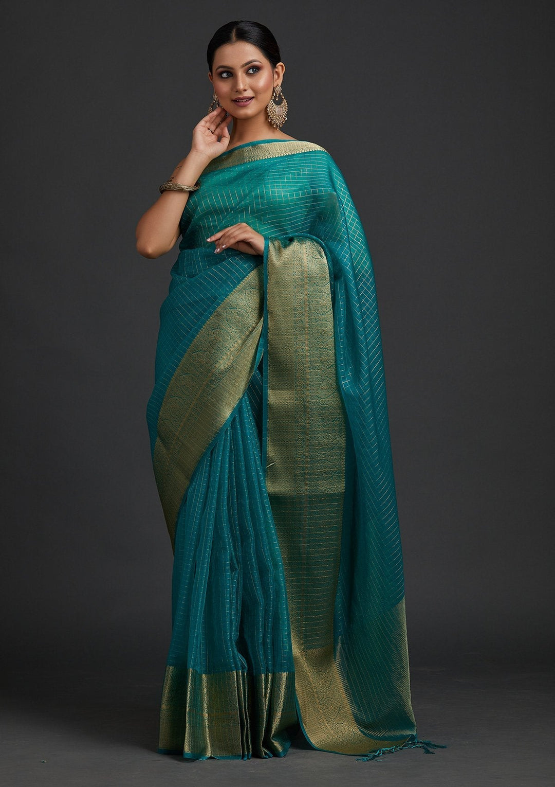 Rama Green Zariwork Tissue Designer Saree - koskii