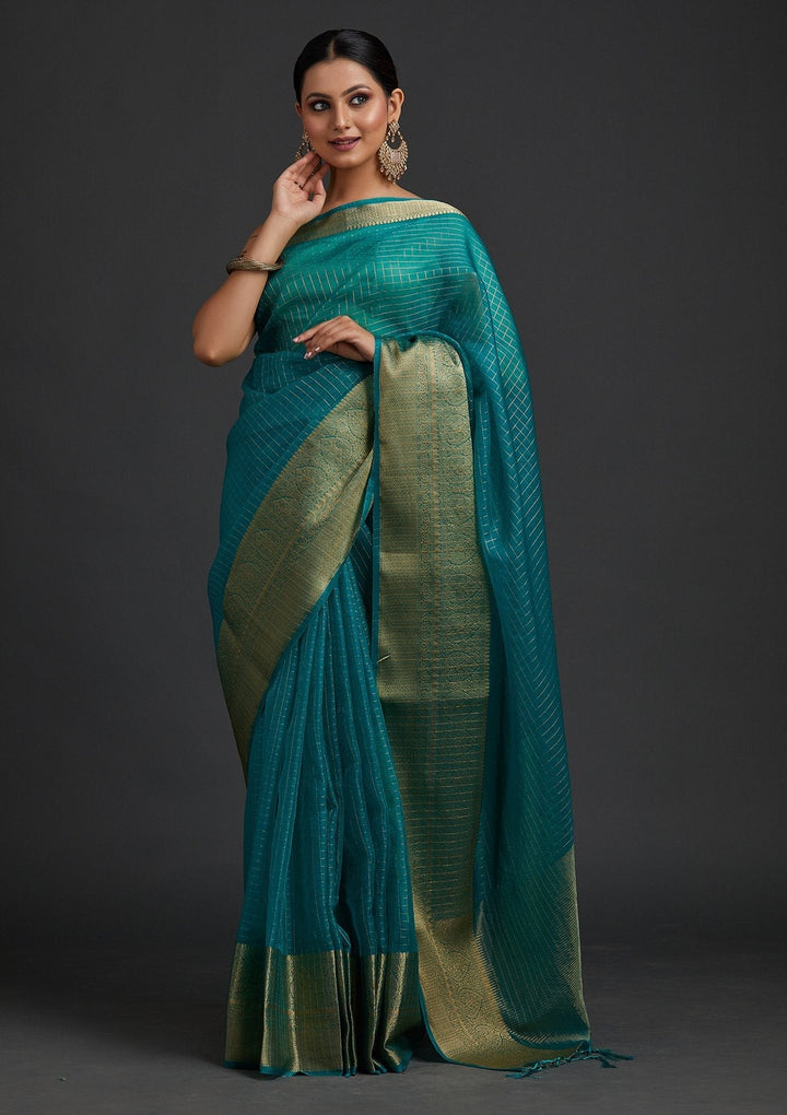 Rama Green Zariwork Tissue Designer Saree - koskii