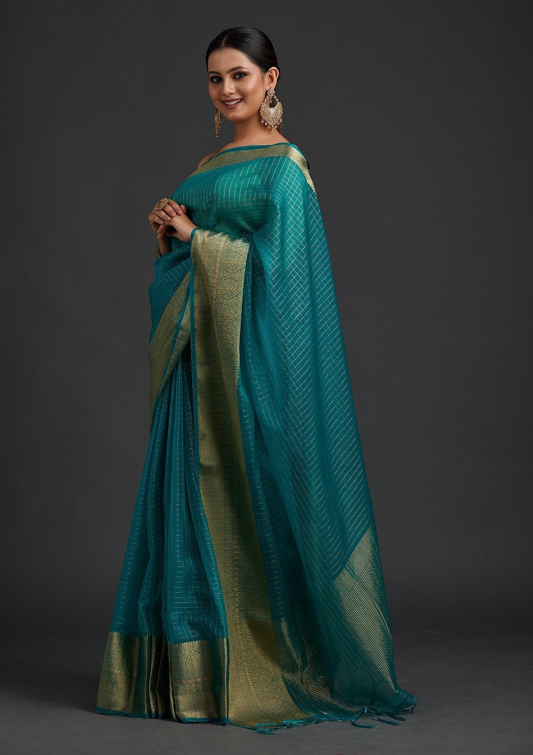 Rama Green Zariwork Tissue Designer Saree - koskii