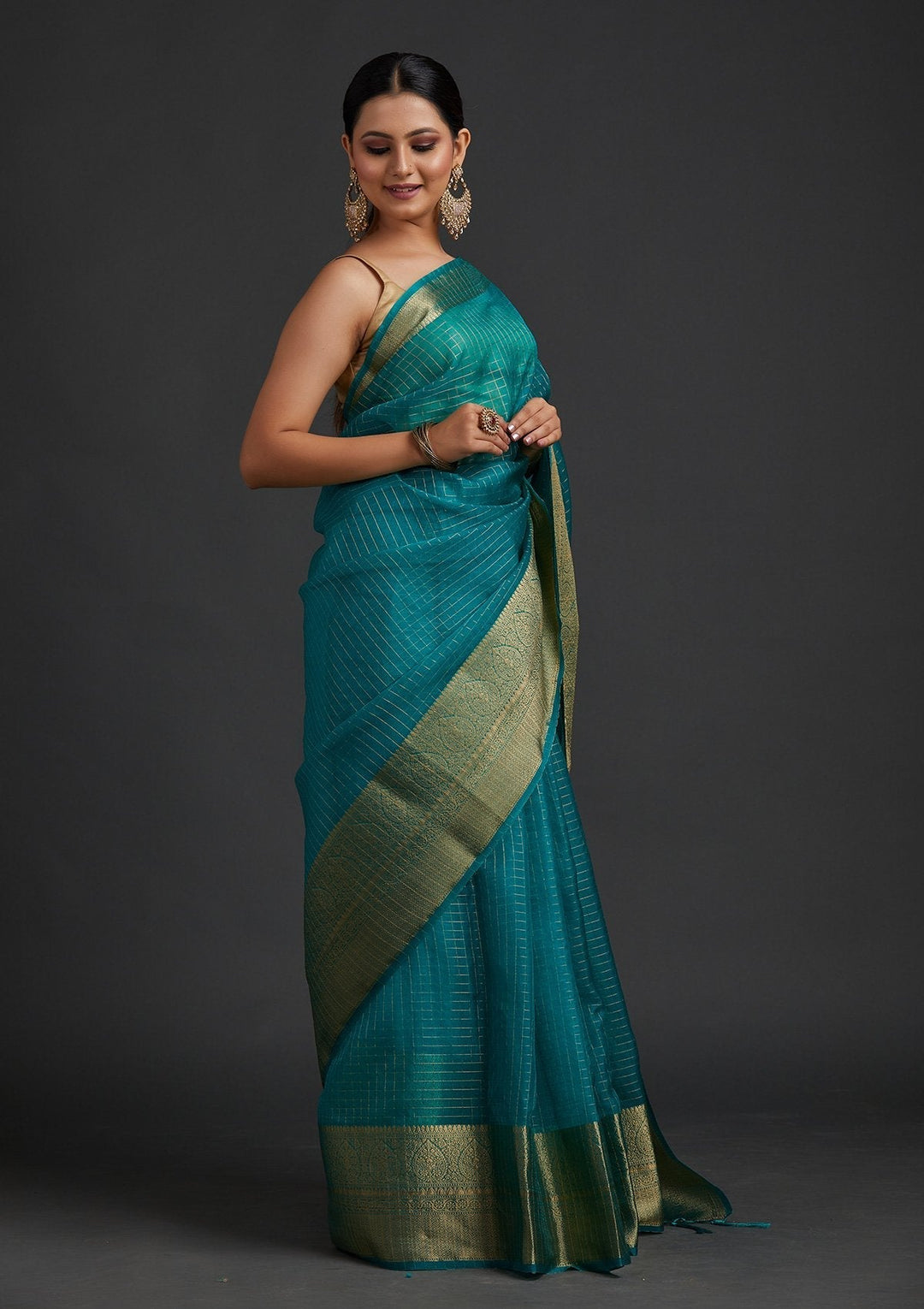 Rama Green Zariwork Tissue Designer Saree - koskii