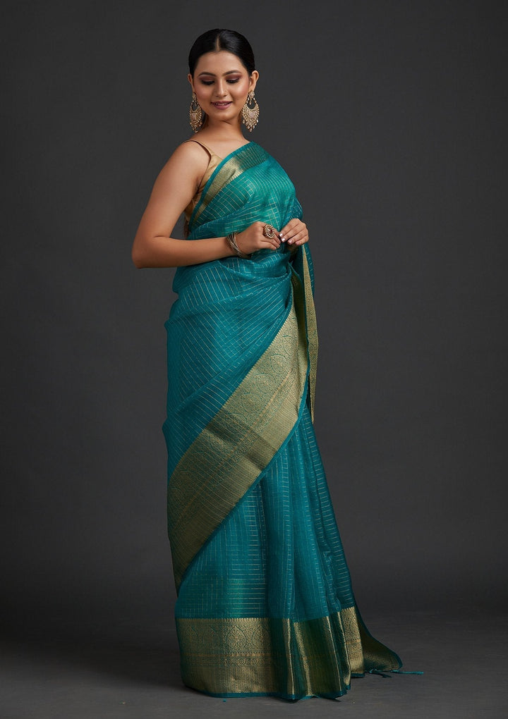 Rama Green Zariwork Tissue Designer Saree - koskii