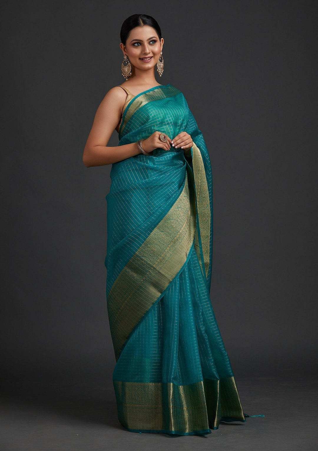 Rama Green Zariwork Tissue Designer Saree - koskii