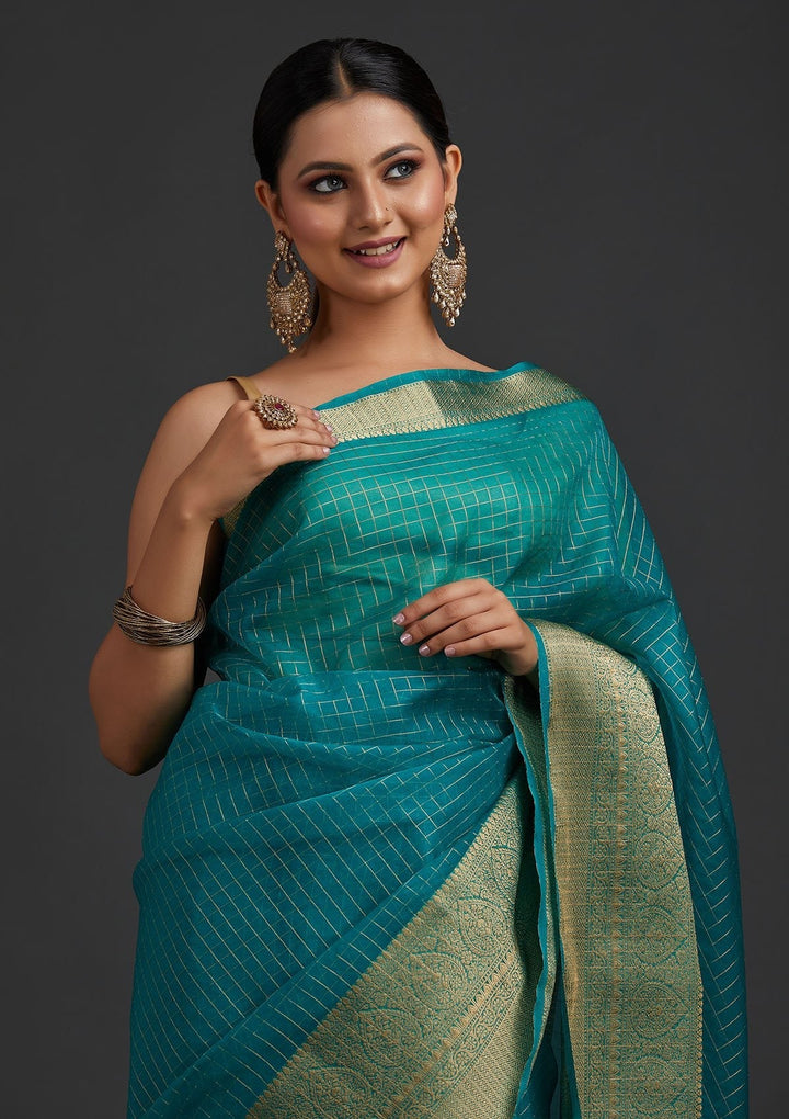 Rama Green Zariwork Tissue Designer Saree - koskii