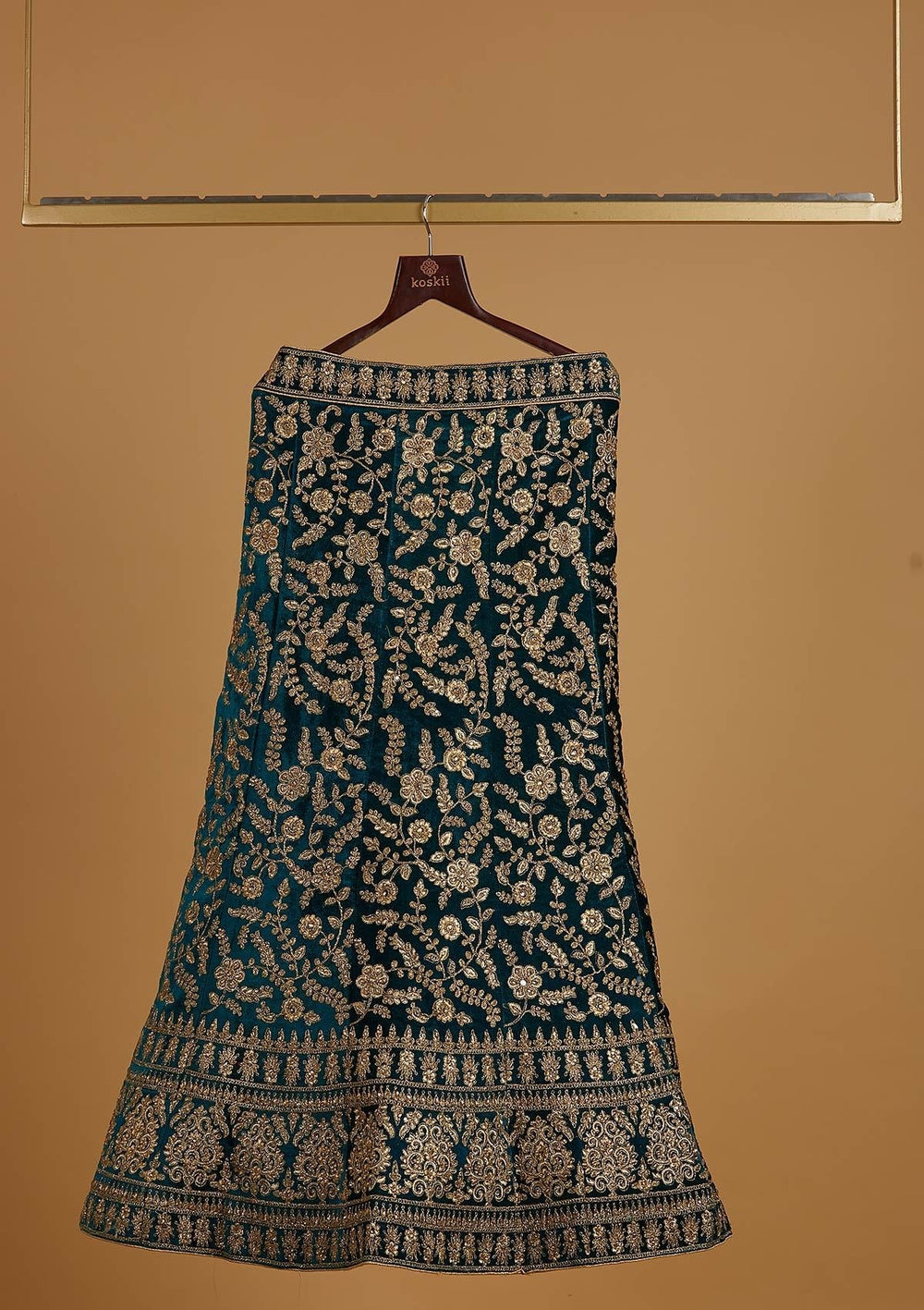 Rama Green Zariwork Velvet Designer Semi-Stitched Lehenga - koskii