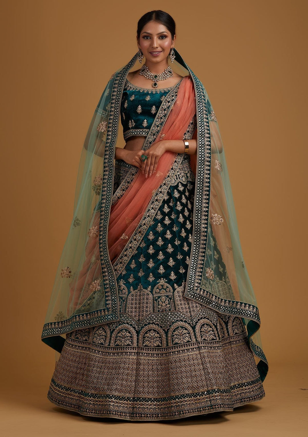 Rama Green Zariwork Velvet Designer Semi-Stitched Lehenga - koskii