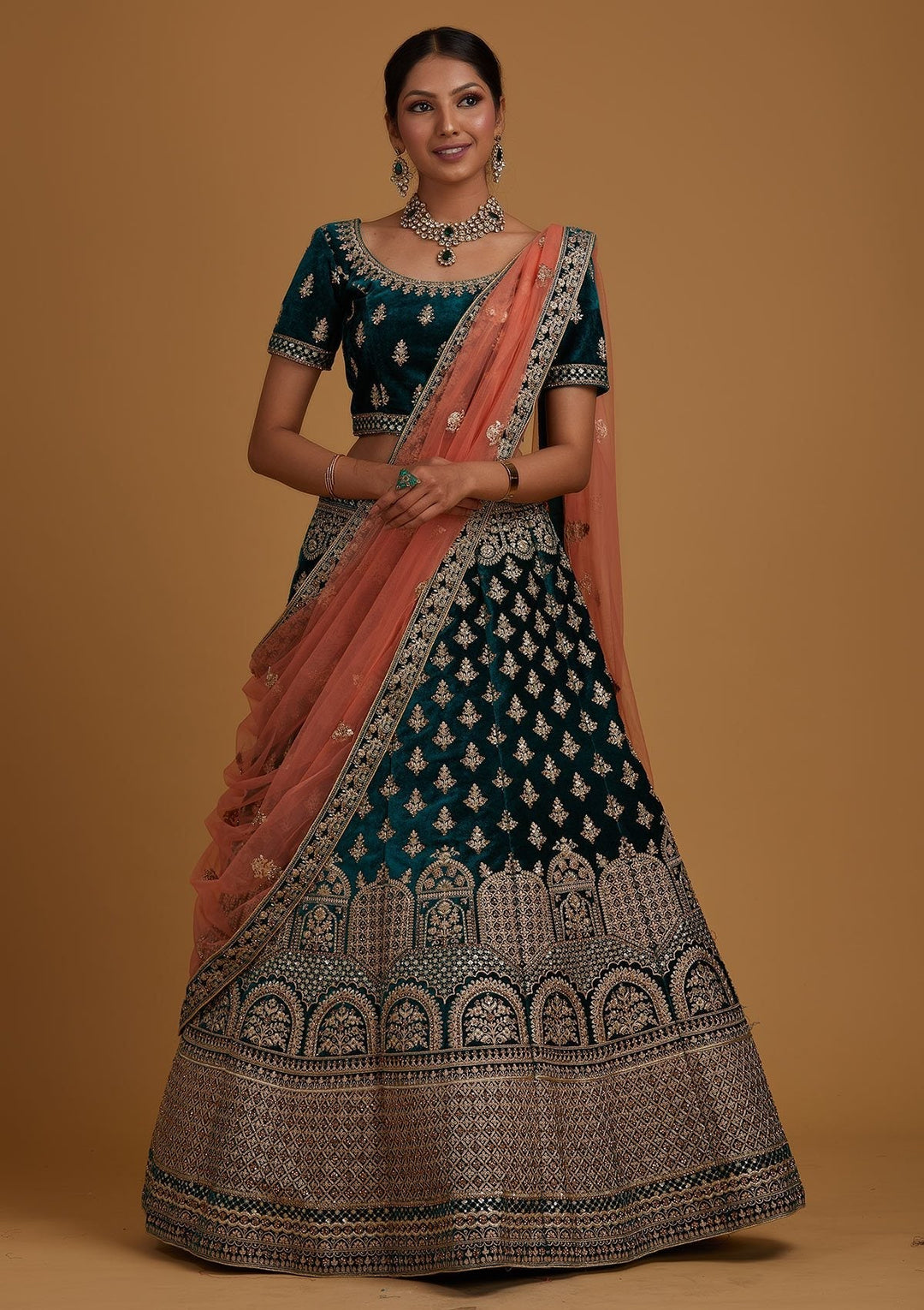 Rama Green Zariwork Velvet Designer Semi-Stitched Lehenga - koskii