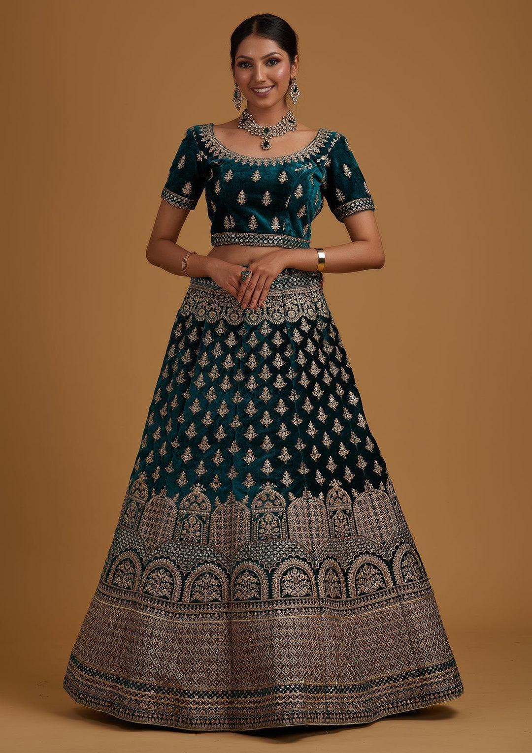 Rama Green Zariwork Velvet Designer Semi-Stitched Lehenga - koskii