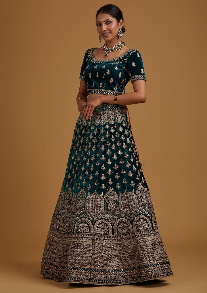 Rama Green Zariwork Velvet Designer Semi-Stitched Lehenga - koskii