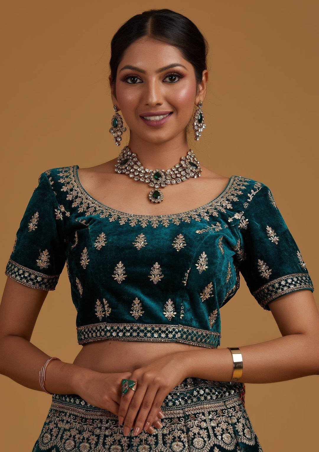 Rama Green Zariwork Velvet Designer Semi-Stitched Lehenga - koskii