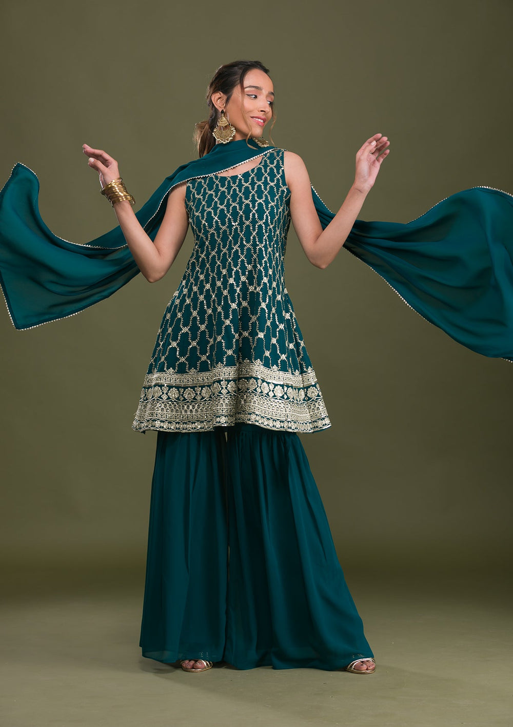 Rama Green Sequins Georgette Readymade Salwar Suit-Koskii
