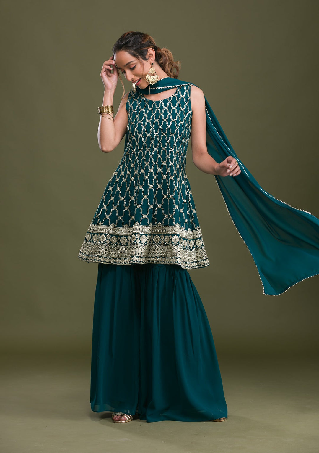 Rama Green Sequins Georgette Readymade Salwar Suit-Koskii