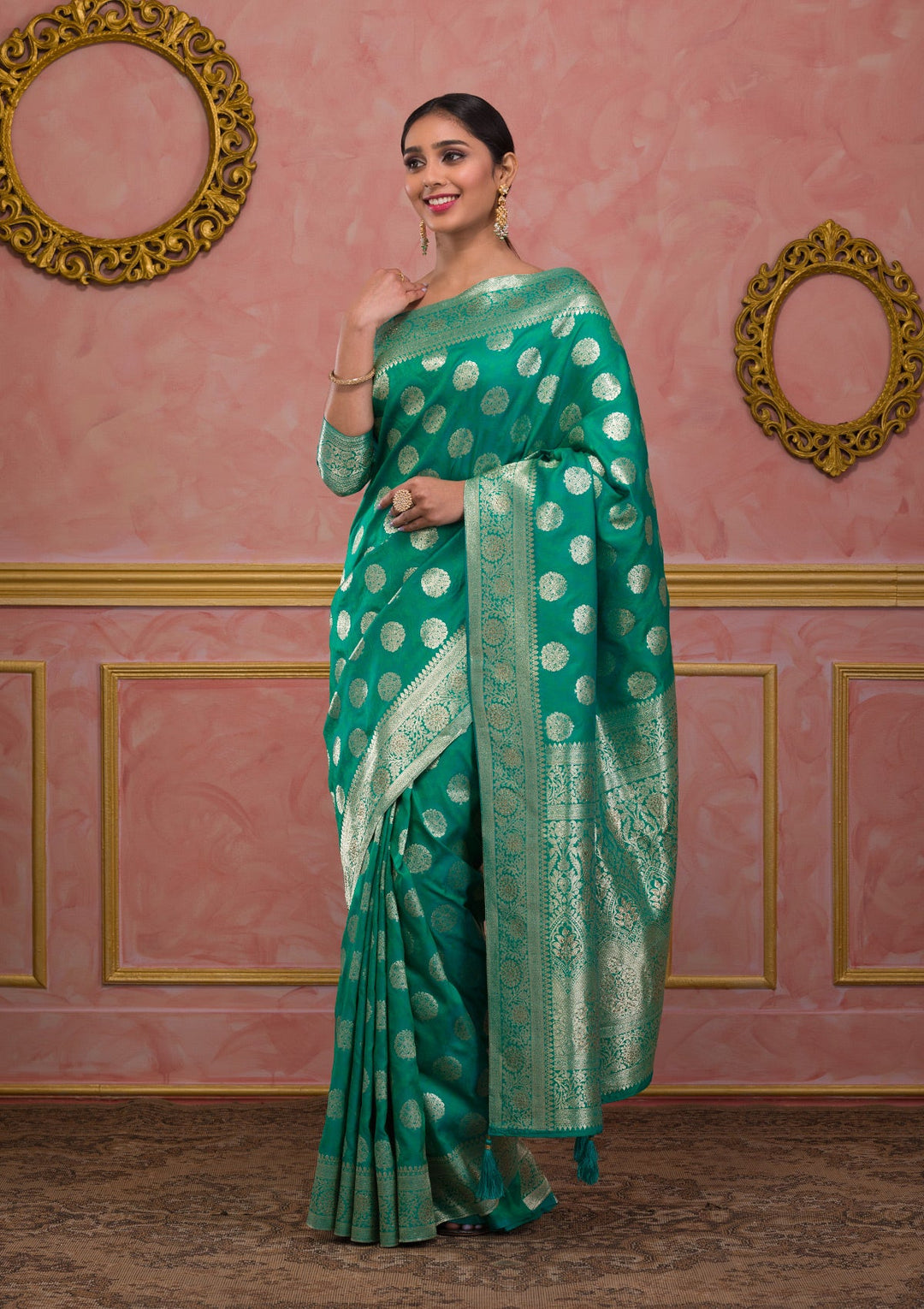 Rama Green Swarovski Art Silk Saree-Koskii