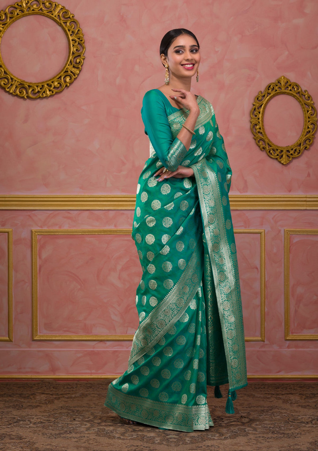 Rama Green Swarovski Art Silk Saree-Koskii