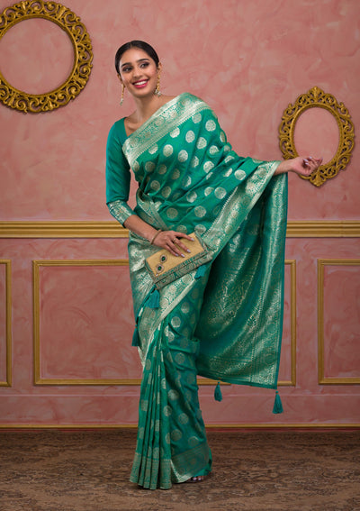 Rama Green Swarovski Art Silk Saree-Koskii