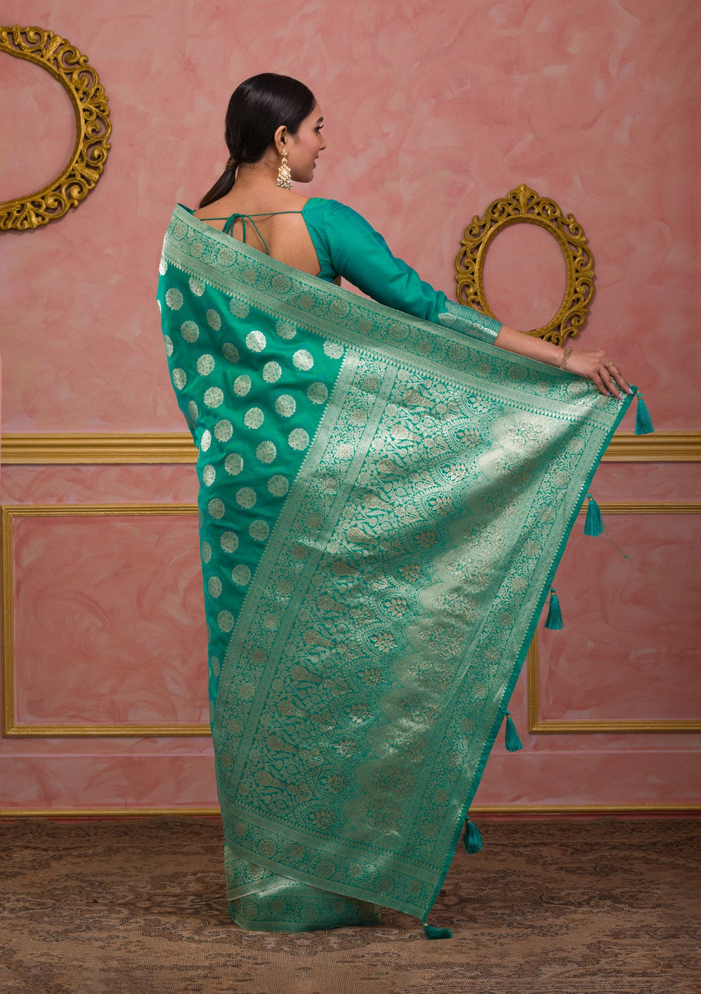 Rama Green Swarovski Art Silk Saree-Koskii