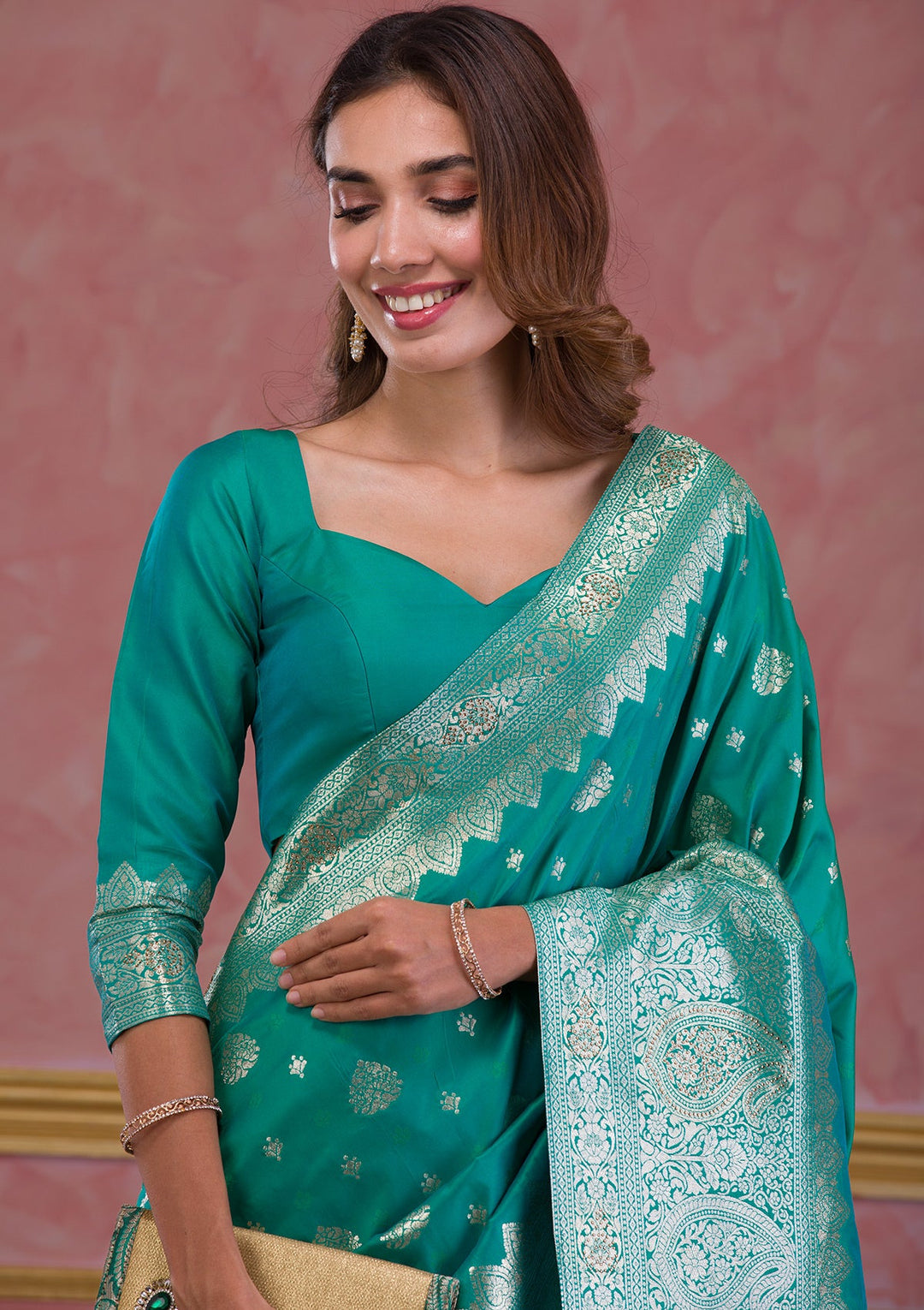 Rama Green Swarovski Brocade Saree-Koskii