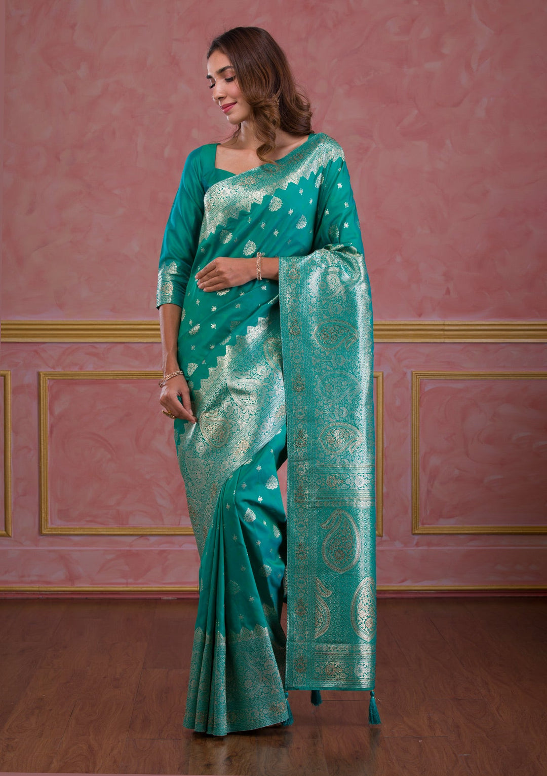 Rama Green Swarovski Brocade Saree-Koskii