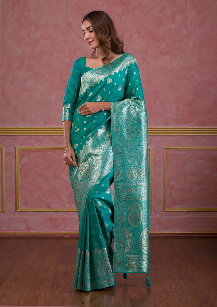 Rama Green Swarovski Brocade Saree-Koskii