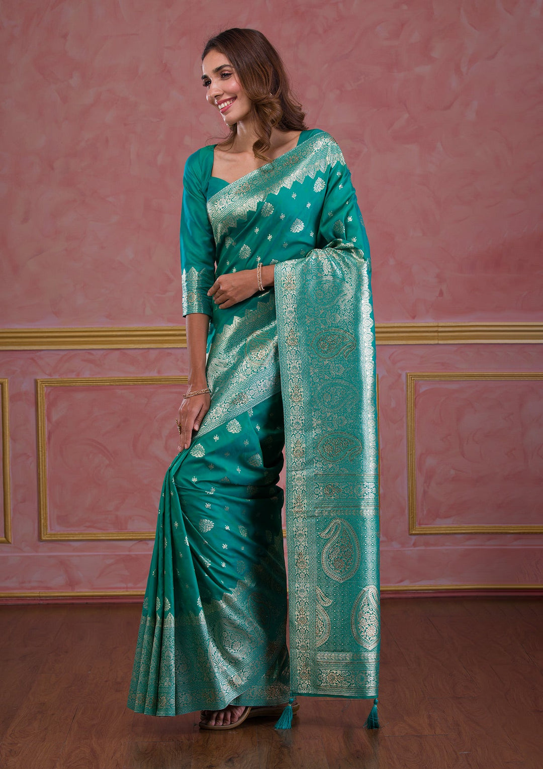 Rama Green Swarovski Brocade Saree-Koskii
