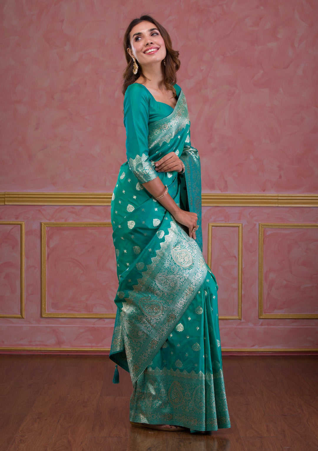 Rama Green Swarovski Brocade Saree-Koskii