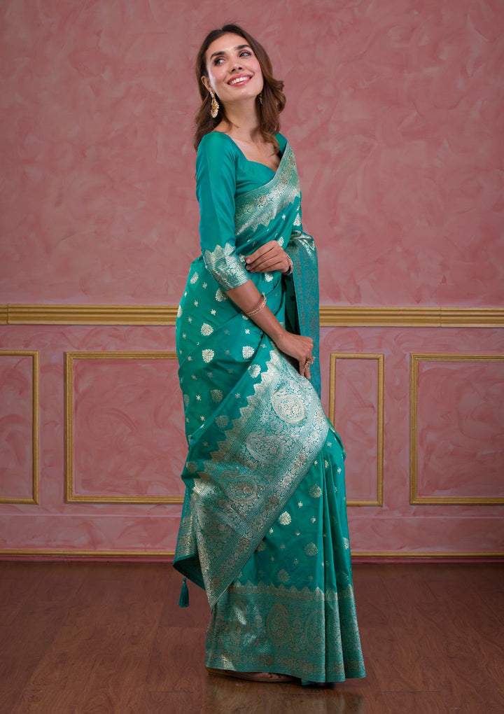 Rama Green Swarovski Brocade Saree-Koskii