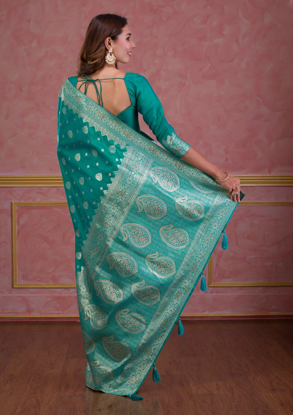 Rama Green Swarovski Brocade Saree-Koskii