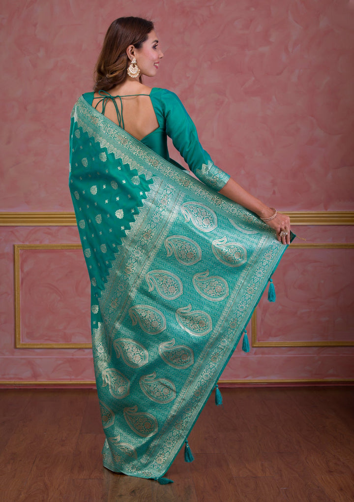 Rama Green Swarovski Brocade Saree-Koskii