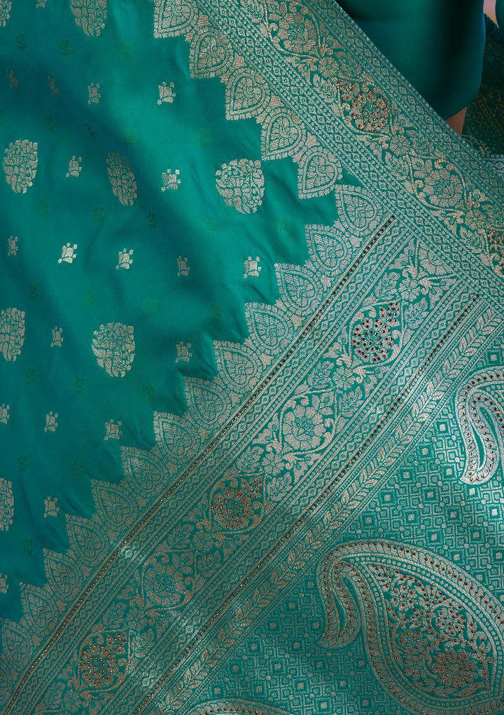 Rama Green Swarovski Brocade Saree-Koskii