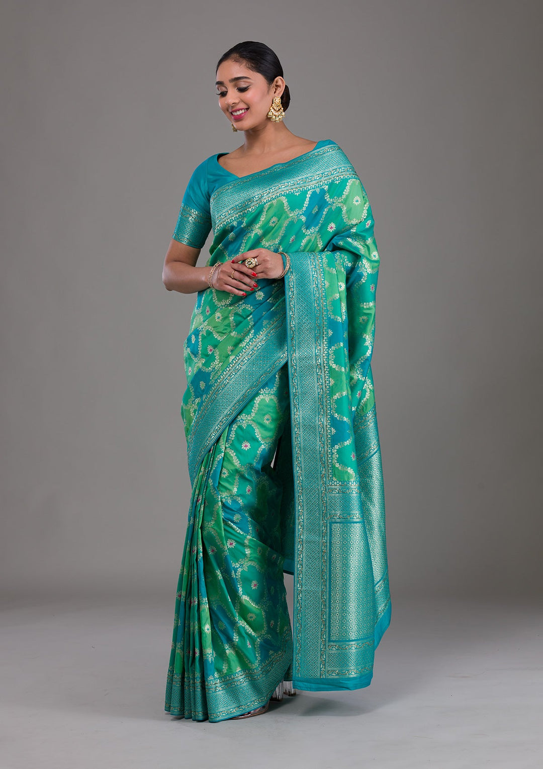 Rama Green Swarovski Raw Silk Saree-Koskii
