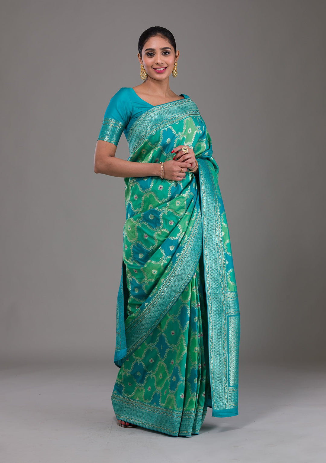 Rama Green Swarovski Raw Silk Saree-Koskii