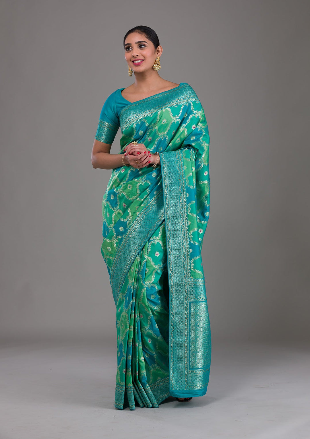 Rama Green Swarovski Raw Silk Saree-Koskii