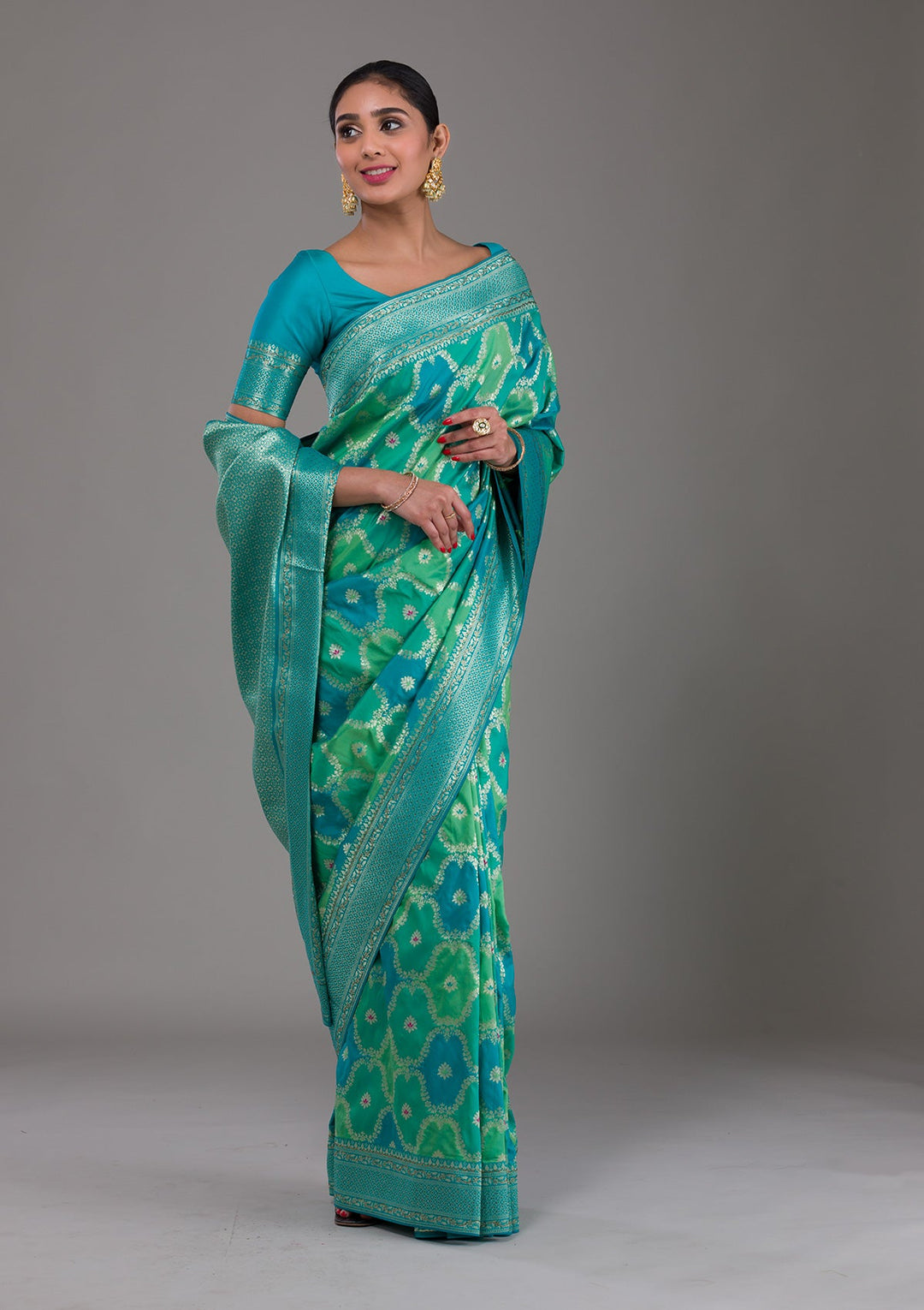 Rama Green Swarovski Raw Silk Saree-Koskii