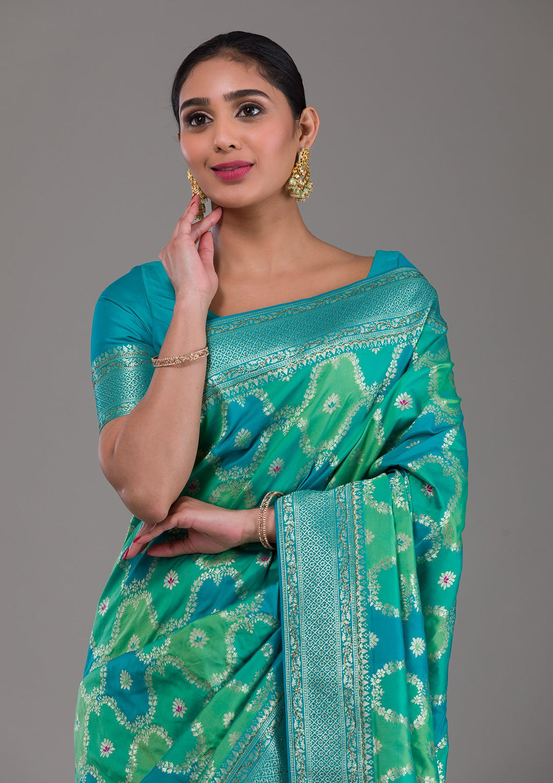 Rama Green Swarovski Raw Silk Saree-Koskii
