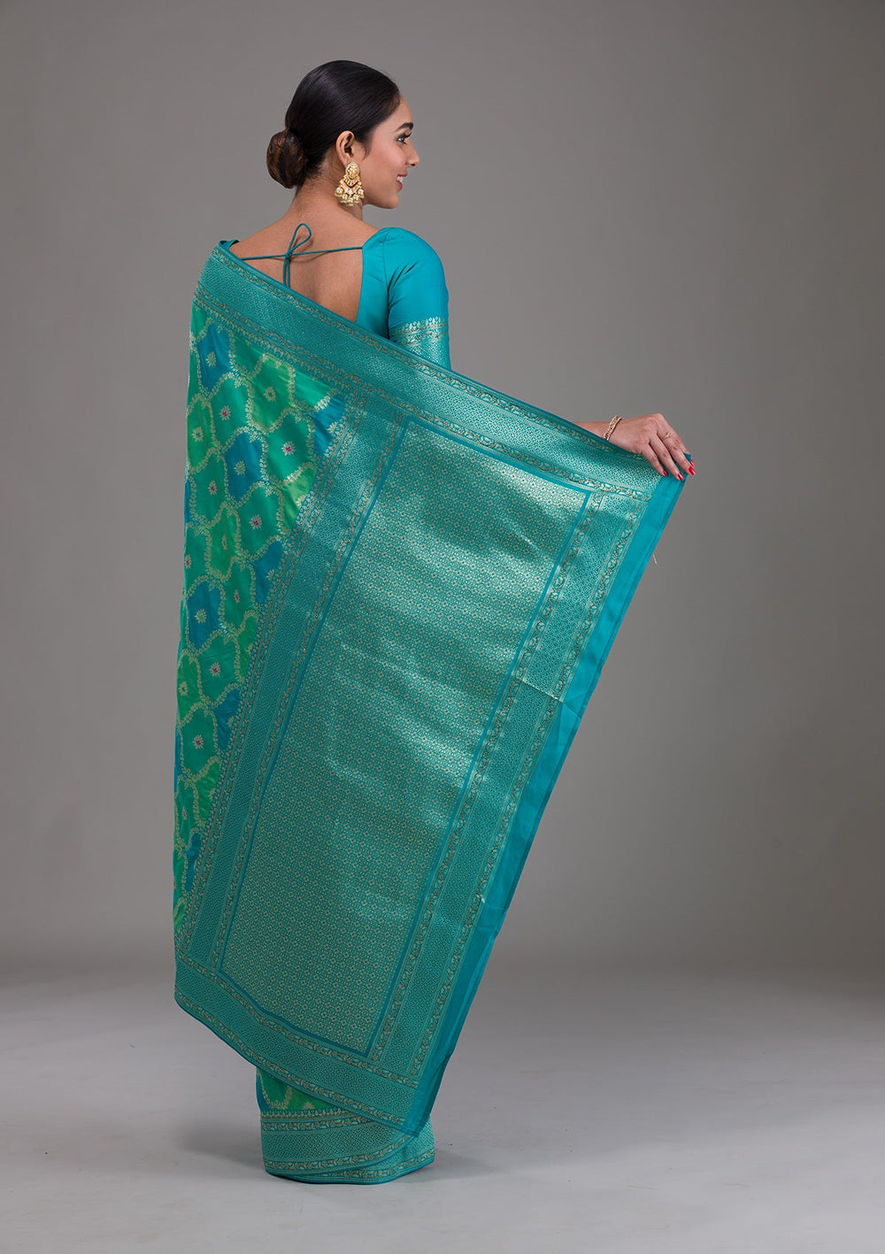 Rama Green Swarovski Raw Silk Saree-Koskii