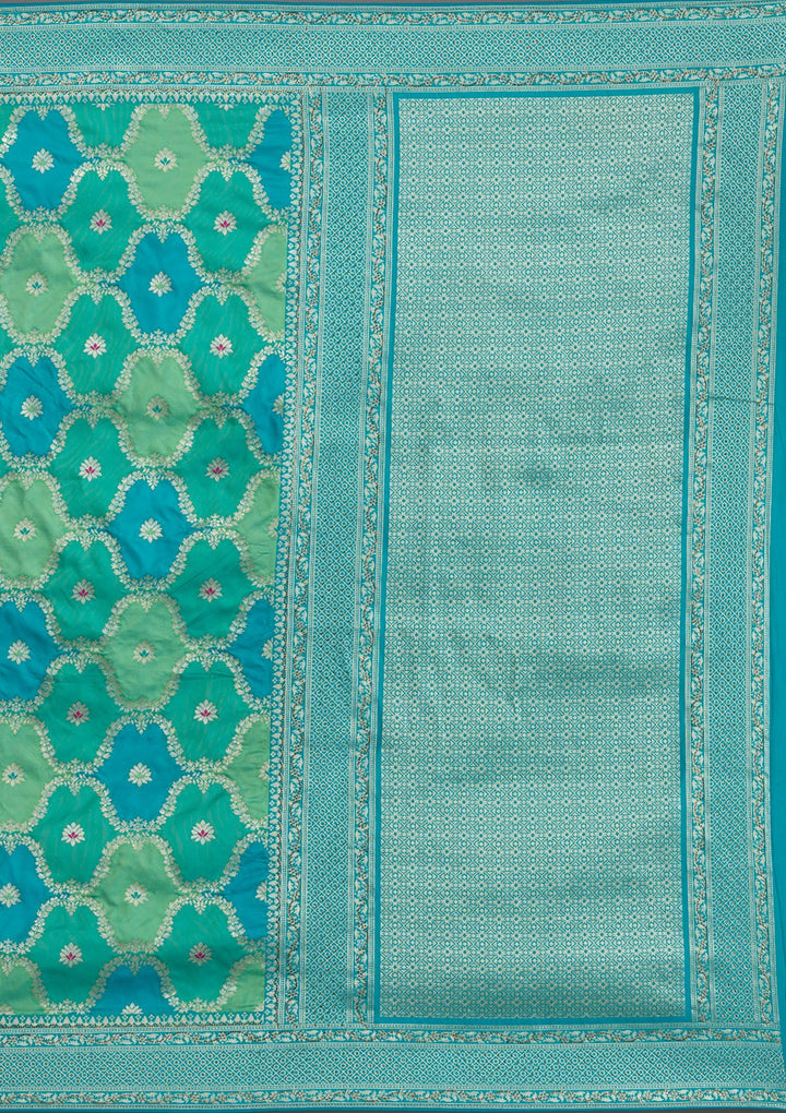Rama Green Swarovski Raw Silk Saree-Koskii