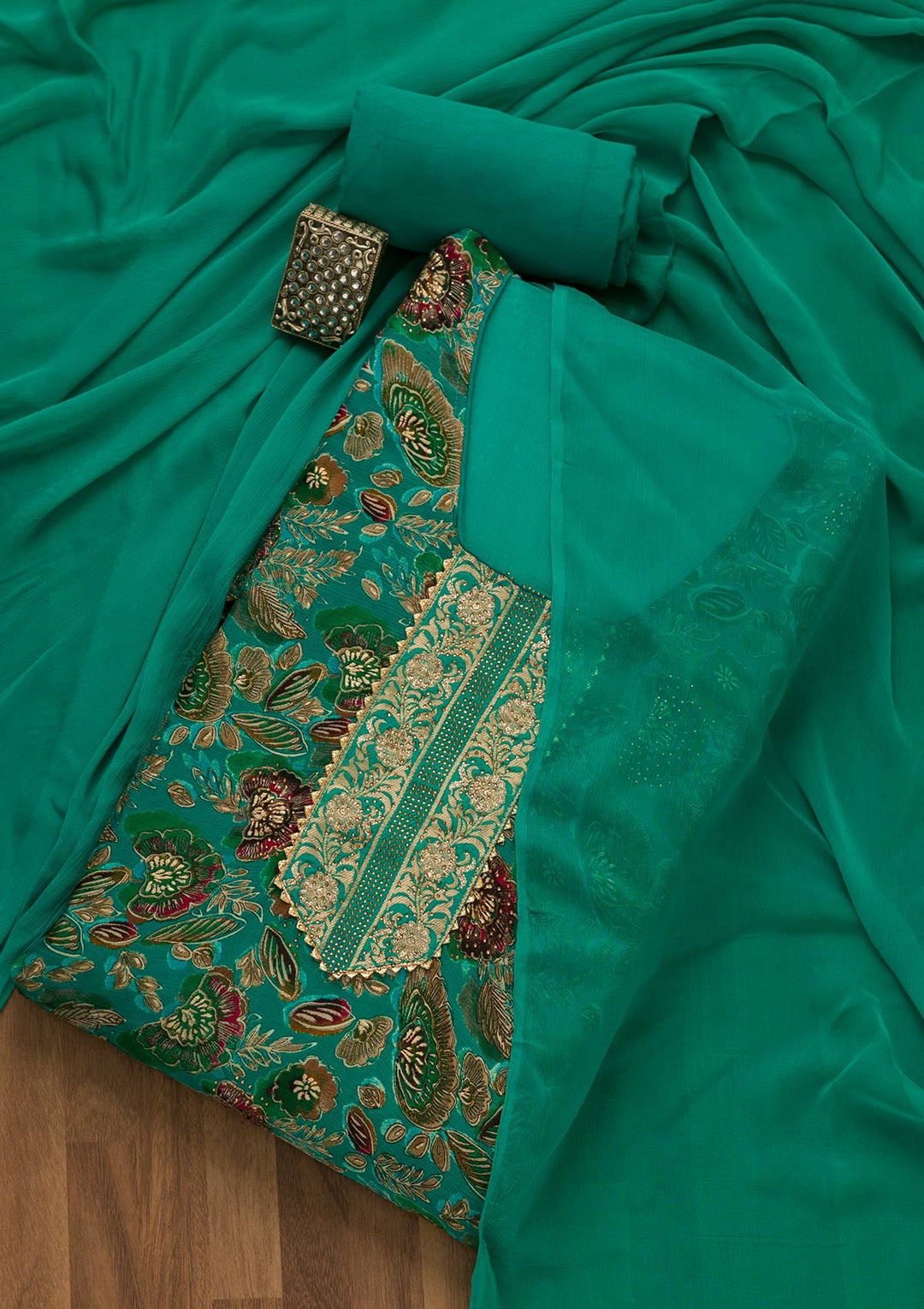 Rama Green Swarovski Semi Crepe Unstitched Salwar Kameez-Koskii